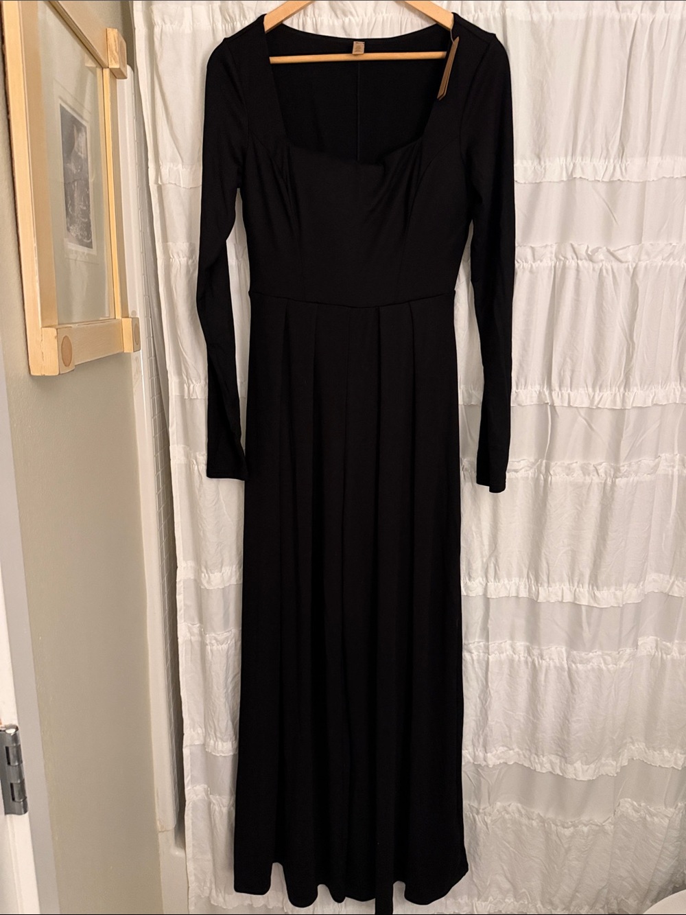 Women's Black Long-Sleeve Square-Neck Jumpsuit
